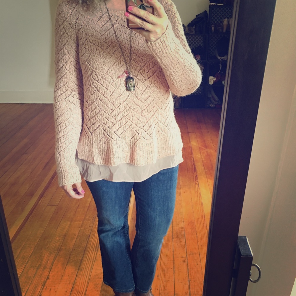 Lucky Brand Rose Gold Crochet Layered Sweater Pink